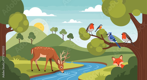 Wildlife Scene with Deer, Birds, and Fox in a Natural Habitat.