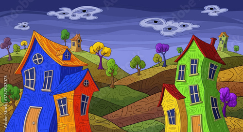 Whimsical Village with Colorful Houses and Rolling Hills, Cartoon Style.