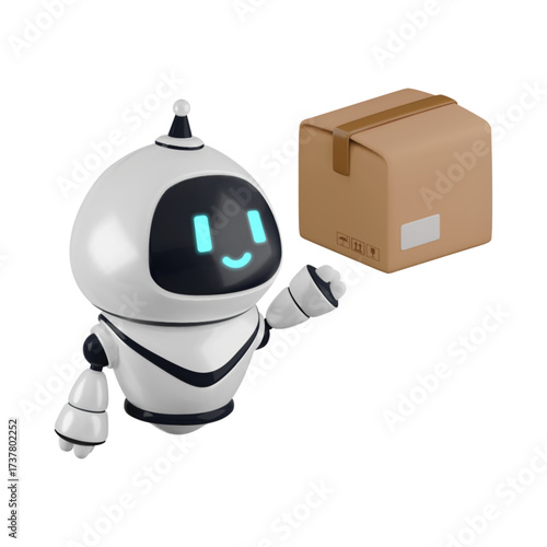 Vector cartoon 3d robotic delivery. Realistic 3d render robot character with carton box. Chat bot parcel management, smart storage, logistics automation assistant service concept.