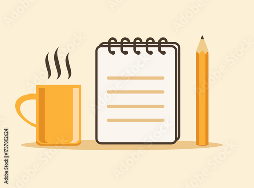 Notebook, pencil and coffee cup, vector illustration