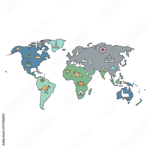 World Map with Landmarks and Icons Depicting Global Travel and Culture.