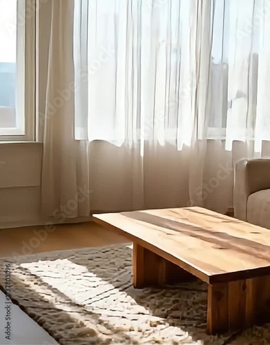 Living room with low wooden coffee table, textured rug, and sheer curtains. Bright daylight streaming through large window. 
