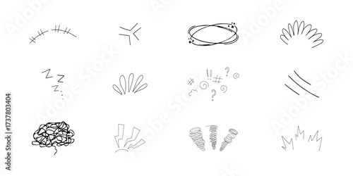Comic manga effect angry exclamation expressions, hand drawn sketch line emoticon anime reaction set. Scribble anime dizzy marks 