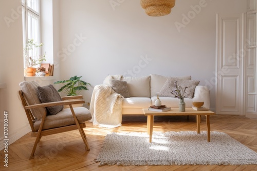 Small home living room with simple furniture and cozy minimal interior