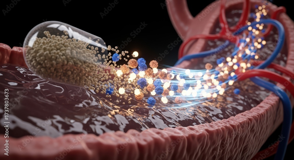 Fototapeta premium antibiotic capsule dissolving in acidic stomach fluid