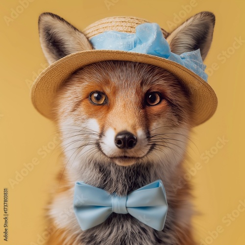 Stylish Fox Wearing Straw Hat and Blue Bow Tie on Yellow Background