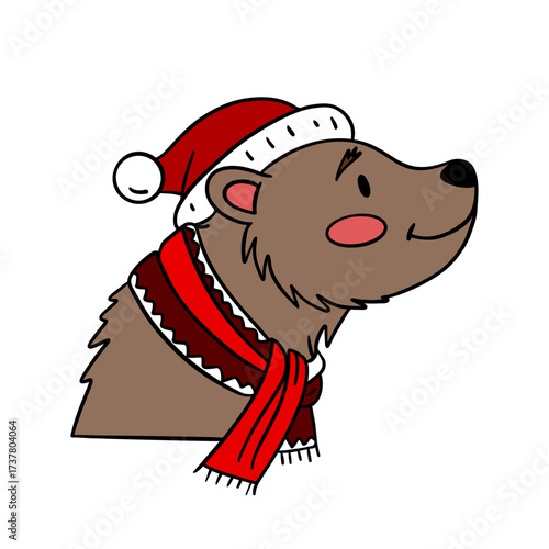 Christmas bear in festive style with holiday decorations. Cheerful and cozy New Year character