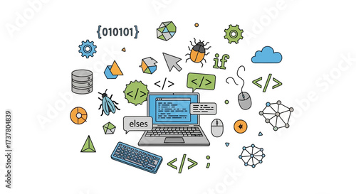 Colorful Programming and Coding Illustration with Laptop and Debugging Icons