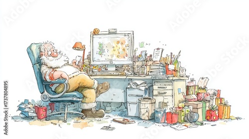Humorous watercolor illustration of ironic office holiday scene