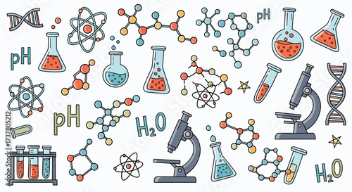Chemistry Science Laboratory Equipment and Molecular Structure Icon Set