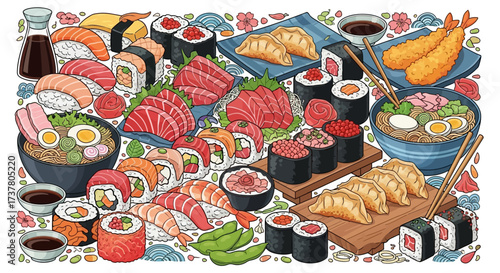 Colorful Japanese Food Illustration with Sushi, Ramen, and Tempura