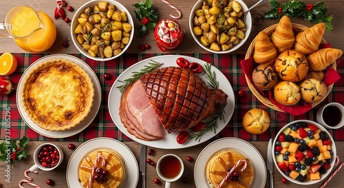 Wallpaper Mural Festive Holiday Dinner Table with Glazed Ham, Roasted Vegetables, Quiche, and Pastries on Plaid Cloth - Overhead View Torontodigital.ca