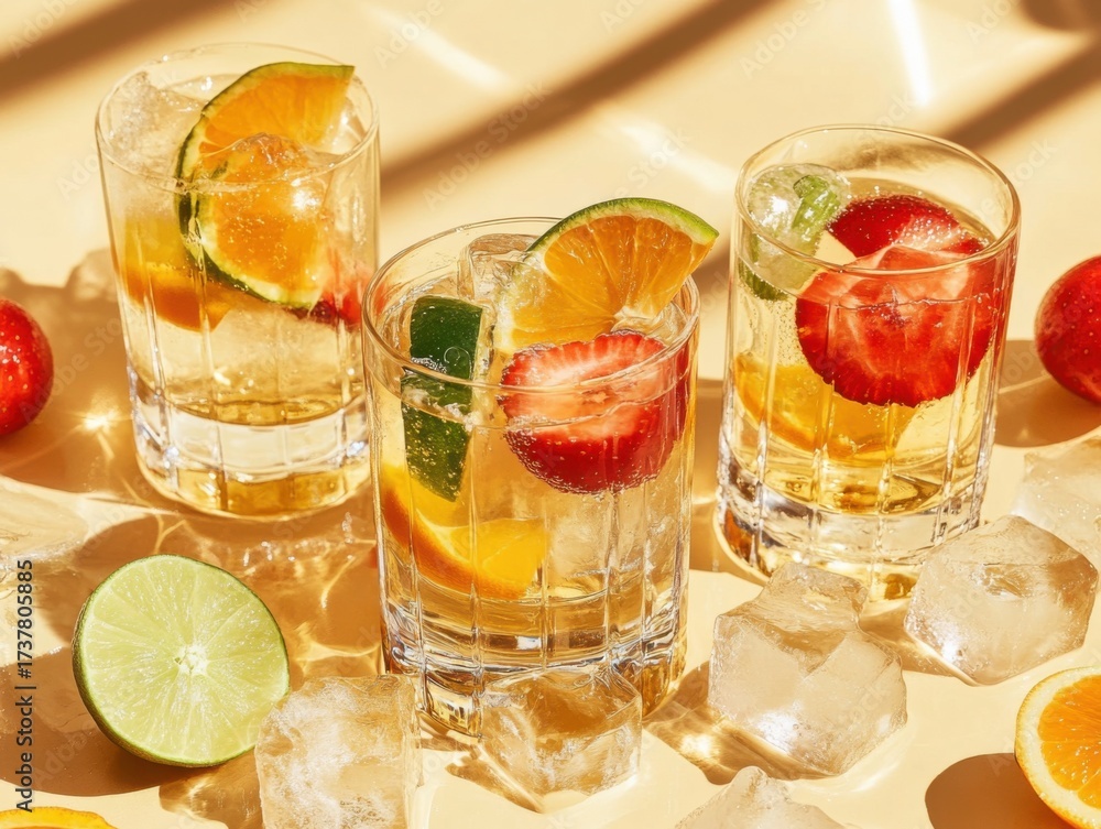 Fototapeta premium Unstrained cocktails in clear glasses, vibrant fruits and ice pieces creating a textured visual