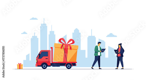 Delivery of a large gift box on a truck in front of a cityscape.