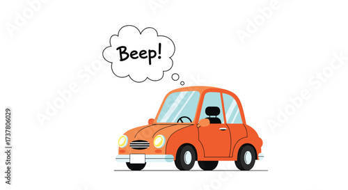 An orange car makes a beeping sound while driving on a white background.
