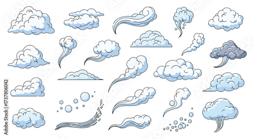 A collection of various cloud shapes and weather phenomena illustrations.