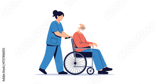 A compassionate caregiver assists an elderly man in a wheelchair with dignity and care.