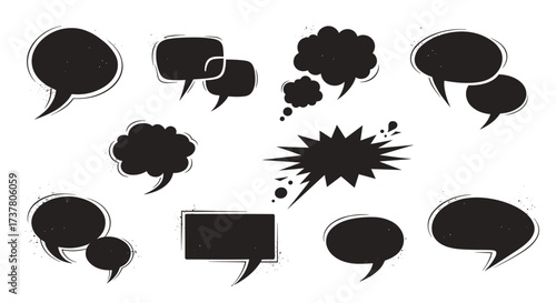 A collection of various black speech and thought bubbles on a white background.