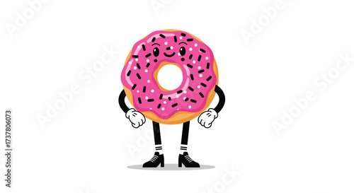 A joyful pink frosted donut with sprinkles dances energetically in a white studio.