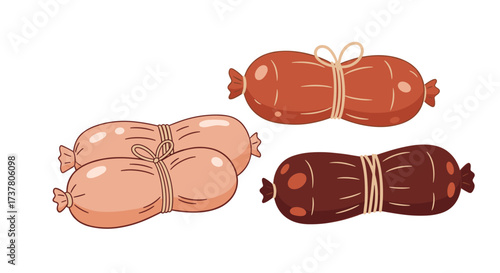 A collection of uncooked sausages tied with string and ready for cooking.