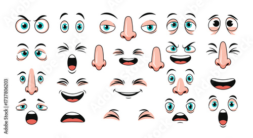 A collection of cartoon facial features and expressions for animation and design.