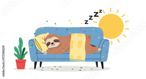 A sleepy sloth naps peacefully on a cozy blue couch under the warm sun with confetti scattered around.