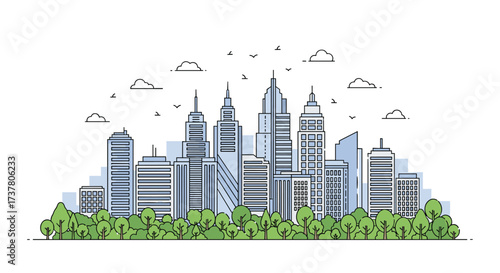 A vibrant cityscape with modern skyscrapers and lush green trees in the foreground.