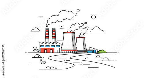 Industrial power plant with cooling towers emitting steam into the atmosphere.