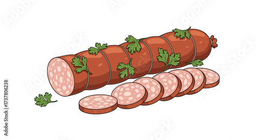 Deliciously seasoned sausage with fresh herbs and a side of sliced meat rounds.