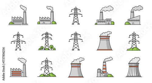Set of industrial factory and power line icons representing energy production and pollution.