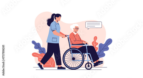 A caregiver assists an elderly person in a wheelchair outdoors.