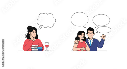 A woman is thinking alone while a couple talks happily.