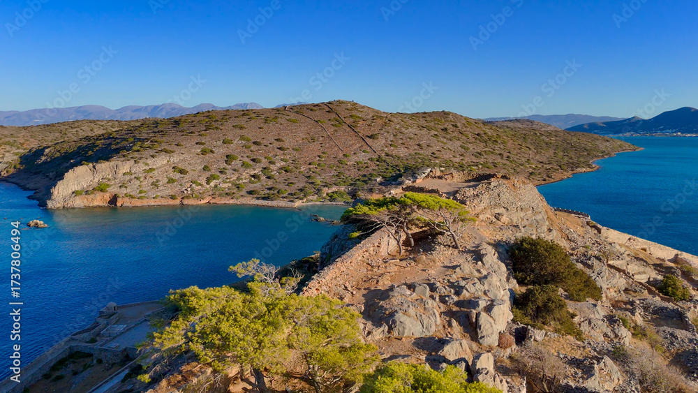 Obraz premium Spinalonga, Crete, Greece, aerial drone view, Venetian fortress