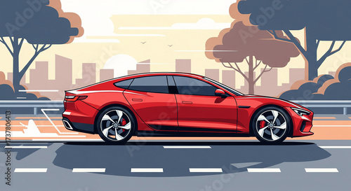 A sleek red sports sedan speeds down a road with a blurred city skyline and trees in the background, a modern vector illustration of speed and urban life.