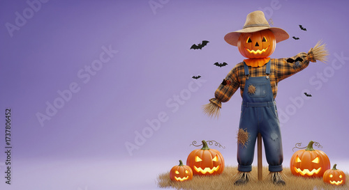 A 3D rendered scarecrow with a glowing jack-o'-lantern head and straw hat, surrounded by pumpkins and bats, creating a festive Halloween holiday decoration on a purple background.
