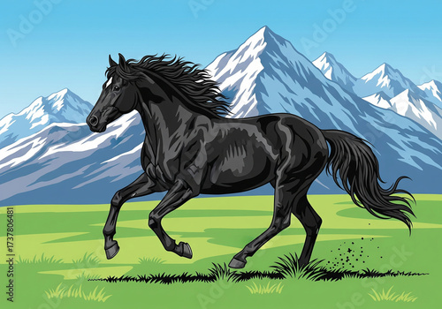 A strong black horse runs through a green meadow with a backdrop of large blue and white snowy mountains, a dynamic vector landscape illustration.
