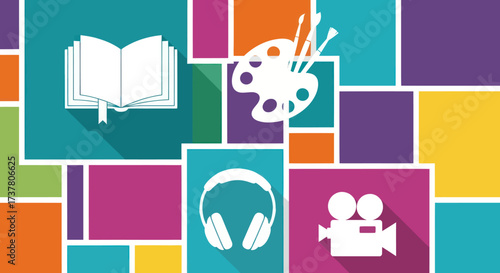 Flat Design Open Book and Headphones Icons on Colorful Geometric Background, Flat Vector Elements, Vector Illustration, Simple Vector, Stylized Vector Drawing, Vector Template, Clean Vector Style,