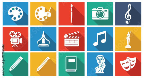 Flat Design Art and Creativity Icons Set with Long Shadows - Featuring Palette, Brush, Film Camera, Sculpture, and Pencil for Graphic Design, Flat Vector Elements, Vector Illustration, Simple Vector,
