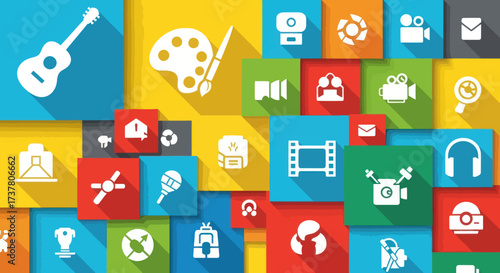 Colorful Flat Design Icons with Long Shadows Arranged in an Overlapping Grid Representing Diverse Interests and Activities, Flat Vector Elements, Vector Illustration, Simple Vector, Stylized Vector