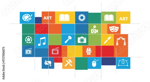 Colorful Grid of Creative Arts and Entertainment Icons: A Modern Graphic Representation of Art, Music, Film, Literature, and Design, Flat Vector Elements, Vector Illustration, Simple Vector, Stylized