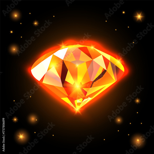 Shining golden faceted treasure glowing with fiery light, elegant vector artwork perfect for branding, decor, luxury packaging, and stylish creative projects