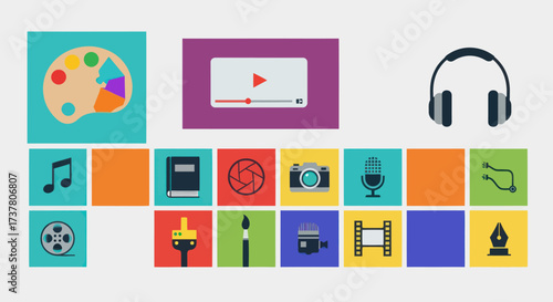 Colorful Flat Design Icons Grid for Creative Arts, Hobbies, and Education, Featuring Palette, Music Note, Book, Film Reel, and Paintbrush, Flat Vector Elements, Vector Illustration, Simple Vector,