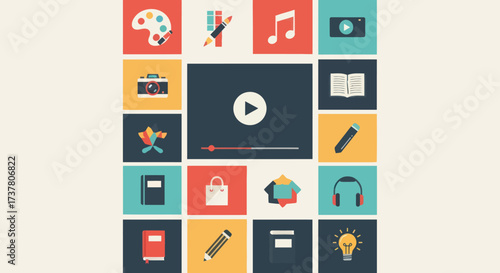 Modern Flat Design Icons Set Featuring Art, Photography, Reading, and Creative Hobbies for Digital and Educational Content, Flat Vector Elements, Vector Illustration, Simple Vector, Stylized Vector
