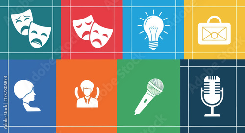Diverse Theatrical Masks and Human Silhouettes in a Vibrant Four-Panel Icon Layout, Flat Vector Elements, Vector Illustration, Simple Vector, Stylized Vector Drawing, Vector Template, Clean Vector
