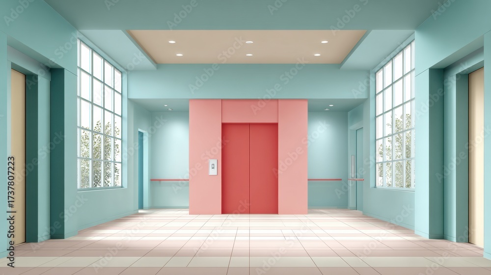 Obraz premium Modern elevator lobby with pastel colors and large windows creating a bright and inviting atmosphere for urban interiors