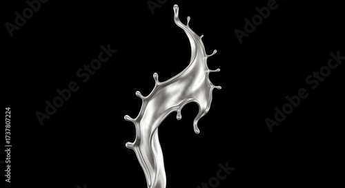 An elegant and dynamic splash of liquid silver or chrome, frozen in motion with intricate droplets against a solid black background.
