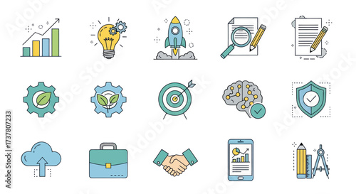 Diverse Flat Design Icon Set for Business, Technology, and Environment: Growth, Innovation, Cloud, and Professional Tools, Flat Vector Elements, Vector Illustration, Simple Vector, Stylized Vector