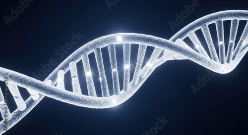 A close-up 3D render of a glowing blue DNA double helix strand, representing genetics, biology, and life sciences.