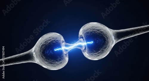 A scientific 3D illustration of a neural synapse firing with a bright blue electrical impulse, representing communication, thought, and brain activity.