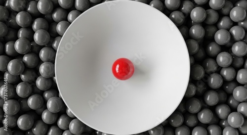 A single bright red sphere stands out in a white bowl, surrounded by a sea of gray spheres, symbolizing individuality, leadership, and uniqueness.